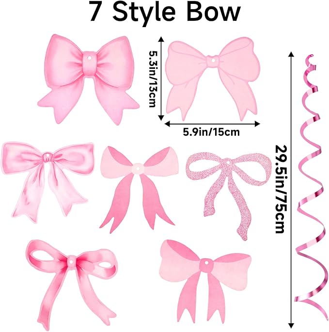 jijAcraft Pink Bow Garland, 20Pcs Bow Birthday Banner, Girl Theme Party Garland Banner, Pink Swirls Decoration for Baby Shower, Bridal Shower, Bachelorette