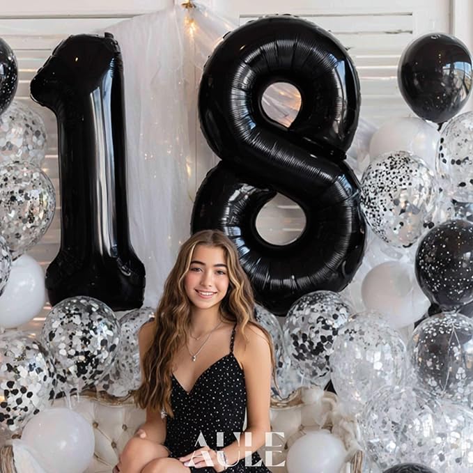 AULE 40 Inch Jumbo Black Foil Mylar Number Balloons for Boy Girl 18th Birthday Party Decorations 18 Years Old Anniversary Party Supplies
