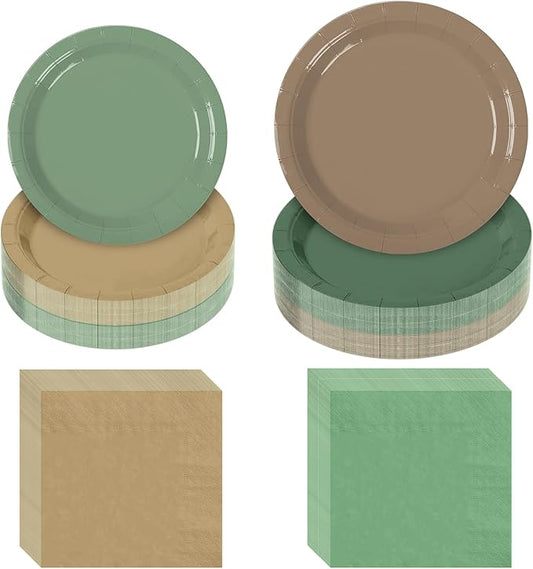 180Pcs Woodland Baby Shower Party Supplies Green and Brown Paper Plates and Napkins Serve 60 Disposable Tableware Set for Birthday Party Decorations Game Day Family Holiday Sports Events