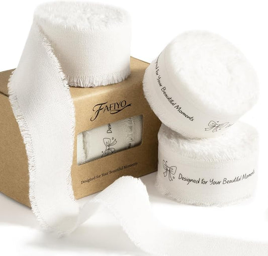 White Cotton Ribbon 1 Inch White 3 Rolls 21 Yards Frayed Edge Fabric Set for Wedding Invitations, Bridal Bouquet Wrap, Baby Shower, Christening & Gift Wrapping