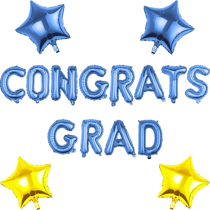CONGRATS GRAD Blue Gold Balloon Gift Set - Perfect Graduation Gift - Complete 19-Piece Party Kit with 16” Letters + 18" Stars - Ready-to-Give Celebration Package 2026