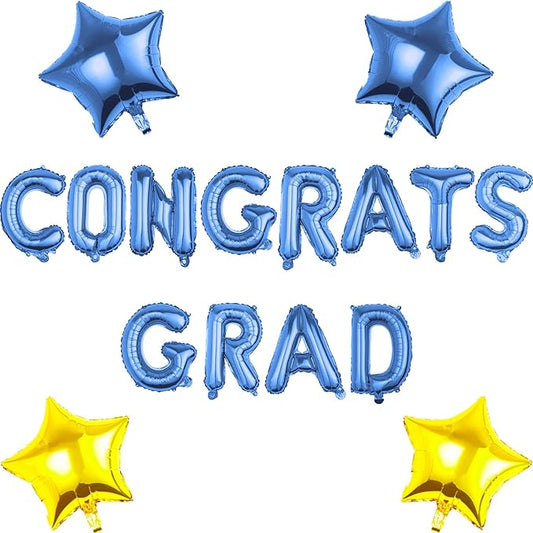 CONGRATS GRAD Blue Gold Balloon Gift Set - Perfect Graduation Gift - Complete 19-Piece Party Kit with 16” Letters + 18" Stars - Ready-to-Give Celebration Package 2026
