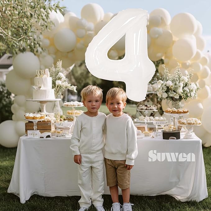 SUWEN 40 Inch White Large 4 Balloon Number Big Foil Helium Number Balloons 0-9 Giant Jumbo Happy 4th Birthday Party Decorations for Boy or Girl Huge Mylar Anniversary Party Supplies