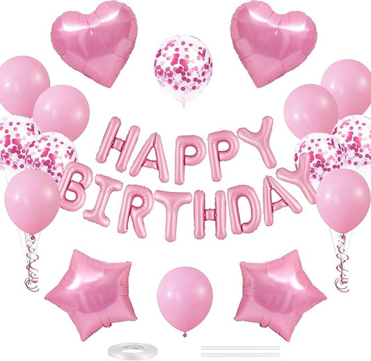 CANREVEL Happy Birthday Balloons Banner 16 Inch Mylar Foil Letters with Star & Heart Balloons Birthday Party Decorations for Men and Women - 30 Pcs Pink