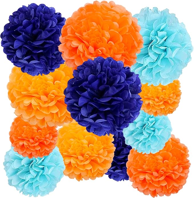12pcs Blue and Orange Tissue Paper Pom Poms,Hanging Paper Pompoms for Pink Orange Party Decoration