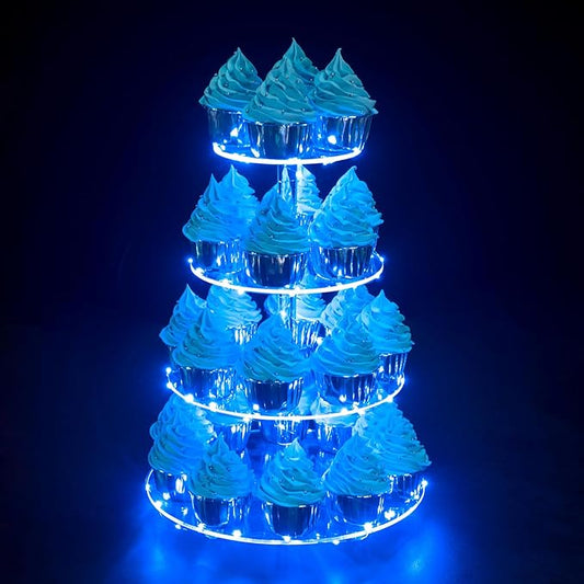 Cupcake Stand, 4-Tier Round Cupcake Holder with LED light String, Acrylic Cupcake Tower Display for Wedding, Birthday party etc.（Blue Light）