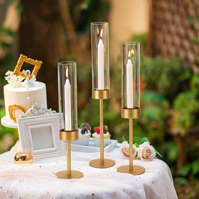 Glass Hurricane Candle Holders Set of 18-Gold Metal Base Taper Candle Stick Holders for CandlesticksHolder Decor, Elegant Dining Table Centerpiece for Wedding, Christmas & Home Decor