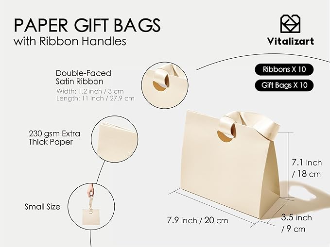 Vitalizart Paper Gift Bags With Ribbon Handles Set of 10 Assorted Colors Bulk Reusable For Gift Wrap Girls Kids Birthday Bridal Shower Party Favors Goodie Bags Candy Christmas 7.87"x3.54"x7.09" Small