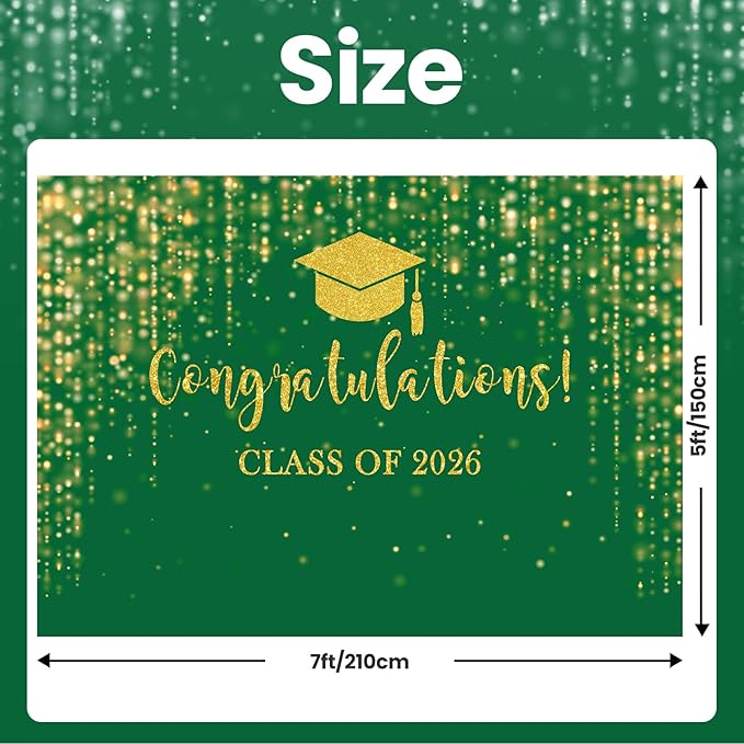 Mocsicka Class of 2026 Backdrop Green Gold Glitter Bokeh Graduation Party Background 2026 Congrats Grad Prom Party Cake Table Decoration Photo Booth Props (7x5ft)