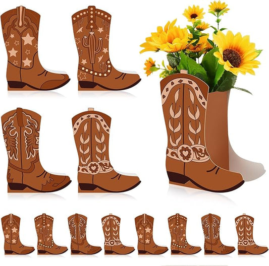 12 Set Western Cowboy Boots Flower Boxes Centerpiece Boot Shape Gift Boxes Party Decoration Vase Centerpieces for Tables for Rodeo Birthday Baby Shower Wedding Supplies