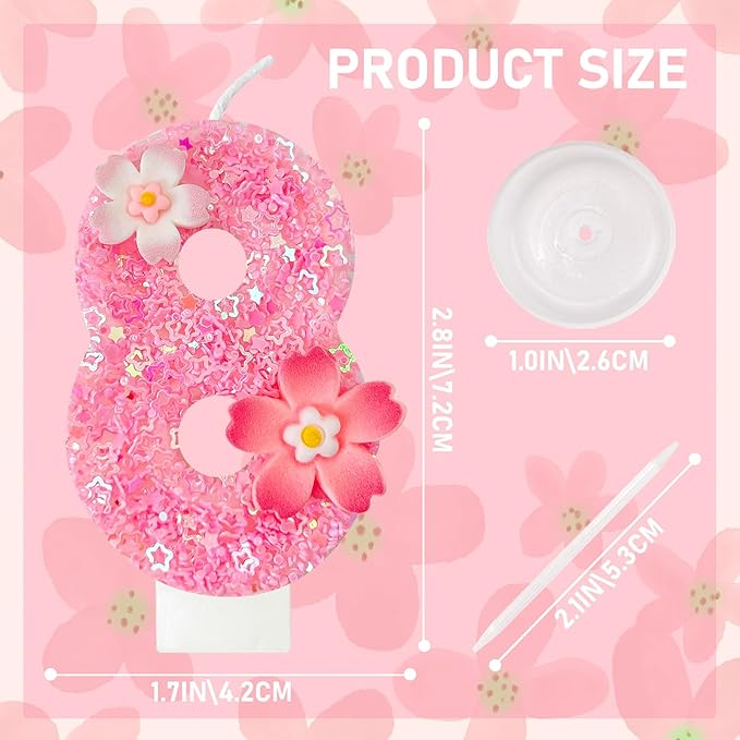 Pink Flower Birthday Candle,Number Birthday Candles for Cake, Ideal Birthday Parties Cake Decor, Wedding Anniversary and Other Celebrations (Number 8, Pink)