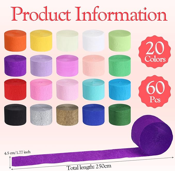 Ctosree 60 Roll 4920 ft Crepe Paper Streamer Roll for Party Decoration Rainbow Crepe Paper for Flower Making Party Streamer for Birthday Wedding Baby Shower Living Room Decor (Dark Color)
