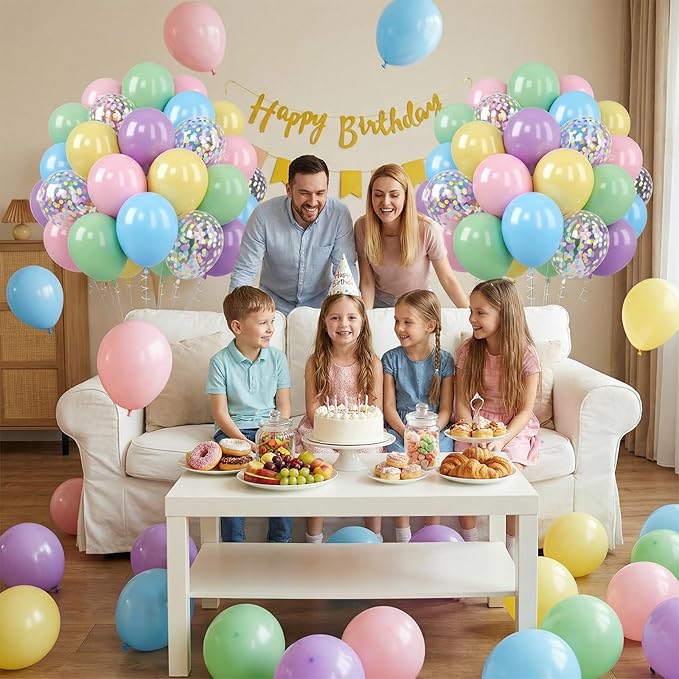 Pastel Balloons Set, 60PCS Macaron Light Pink Yellow Green Blue Purple Balloon, 12 Inch Colorful Confetti Balloons Rainbow Helium for Girls Easter Birthday Wedding Baby Shower Party Decorations