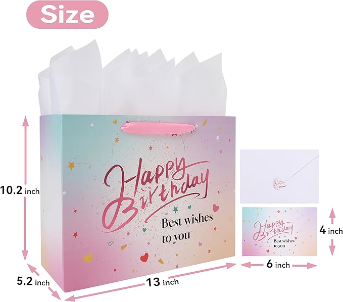 wishinside 13'' Large Pink Birthday Gift Bag Set with Handles, Greeting Card, Tissue Papers and Stickers for Women Girls Kids Teens, Gold Foil Happy Birthday Design, 1 Pcs