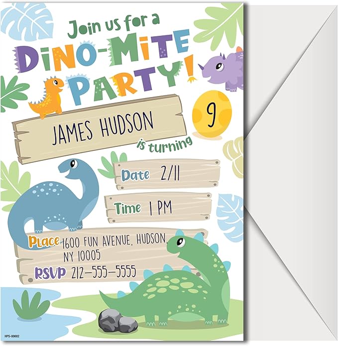 Dinosaur Birthday Invitations for Boys and Girls with Envelopes - (Pack of 20) - Dino Party Invites for Toddlers, Children and More. Fill in Style
