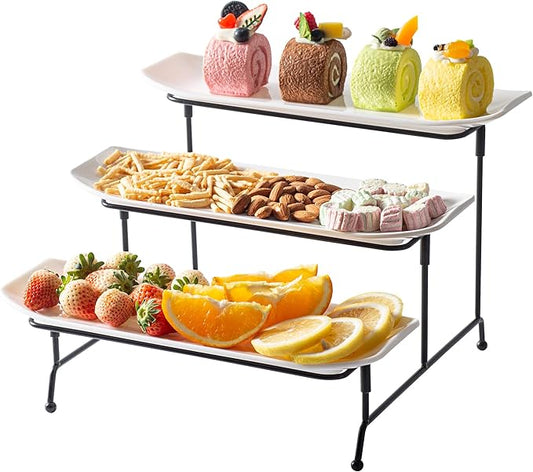 Unbreakable 3 Tier Serving Tray for Party, 13" x 4.9" Melamine Platters for Serving Food, White Tiered Serving Trays Platters with Black Metal Display Stand for Veggie, Fruit, Dessert, Cookies