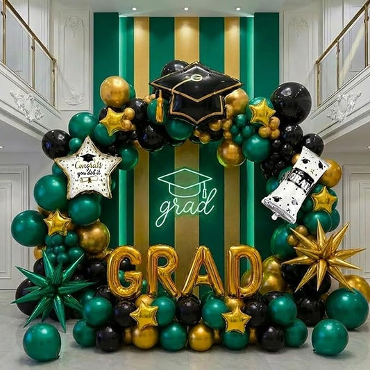Green Black Gold Graduation Balloon Garland Arch Kit with Graduation Star print Certificate Letter Foil Balloons for Graduate Class of 2026 Grad Prom party Decorations Supplies