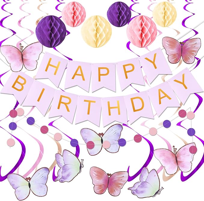 Happy Birthday Banner with Honeycomb Balls, Butterfly Hanging Swirl Streamers, Circle Dots Garland, Happy Birthday Party Decorations for Women Girls