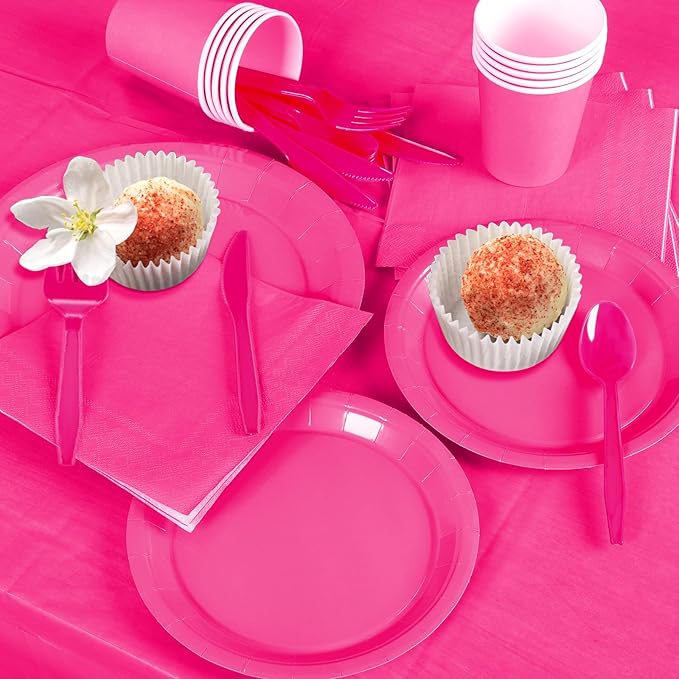 229PCS Hot Pink Party Supplies Set - Paper Disposable Plates Cups Plastic Spoons Forks Knives Napkins Serve 30 Guests