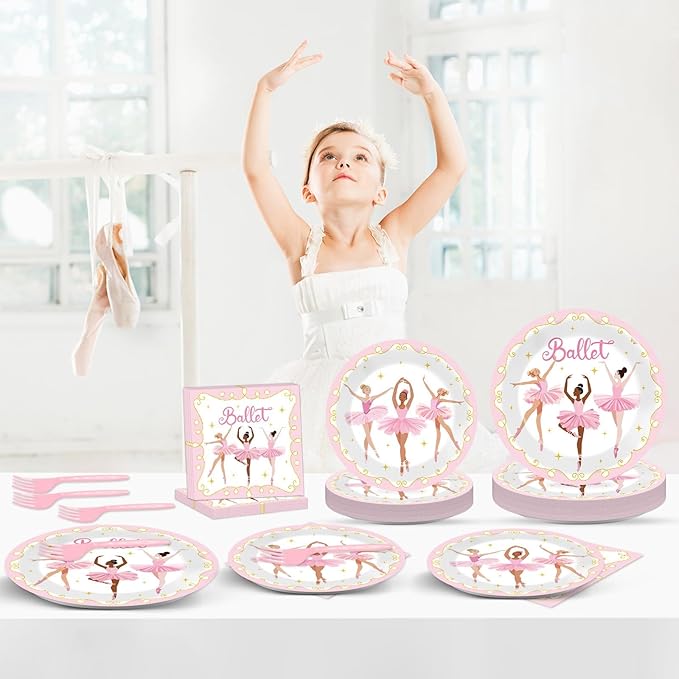 Qyeahkj 100 Pcs Ballerina Birthday Party Decorations for Ballet Plates and Napkins Ballet Dress Paper Dinnerware Table Supplies Disposable Dancing Girl Birthday Party Tableware Decor Serves 25