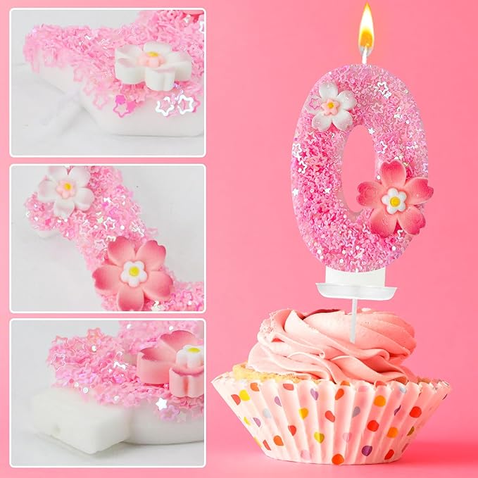 Pink Flower Birthday Candle,Number Birthday Candles for Cake, Ideal Birthday Parties Cake Decor, Wedding Anniversary and Other Celebrations (Number 0, Pink)