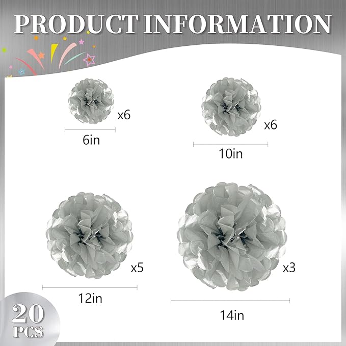 20 PCS Silver Tissue Paper Pom Poms, Tissue Pom Poms Flowers, Sizes of 6", 10", 12", 14" Hanging Paper Flower Ball for Wedding, Birthday, Halloween, Christmas, Baby Shower Party Decor