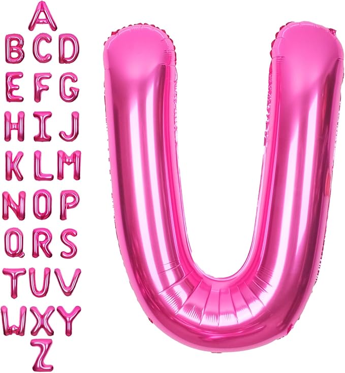 SUWEN 40 Inch Hot Pink Large U Letter Balloons Big Foil Helium Letter Balloons A-Z Jumbo Mylar Happy Birthday Party Decorations for Woman Anniversary Party Supplies