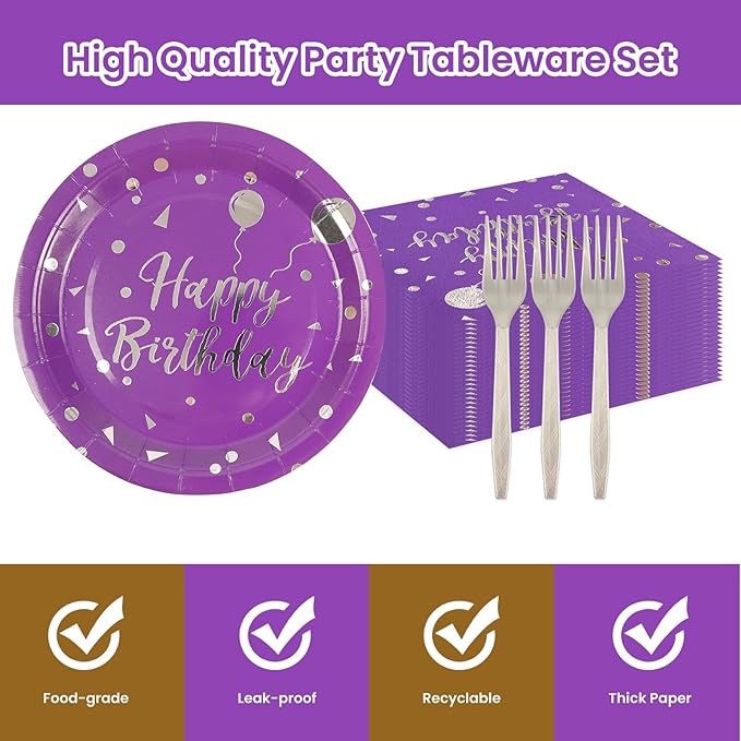 75PCS Happy Birthday Paper Plates and Napkins Set-Disposable Purple and Sliver 7IN Party Dessert Plates 6.5IN Napkins Gold Forks Tableware Set for Birthday Wedding Graduation Party Decoration Serve 25
