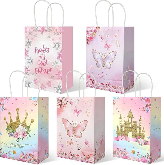 20Pcs Princess Prince Gift Bags with Handles, Butterfly Floral Castle Crown Party Favor Bags, Candy Goodie Bags Paper Treat Bags for Princess Baby Shower Birthday Party Supplies