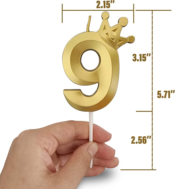 The Number 9 Gold Birthday Candles for Cake is Beautiful Number Candles for 9th Birthday Decorations for Boys and Girls (Gold-9, Crown)