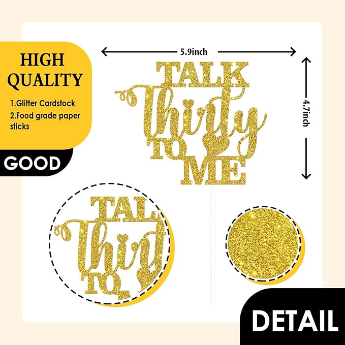 Talk Thirty to Me Cake Topper, Gold Glitter Dirty 30 for 30th Birthday Wedding Anniversary Hello 30 Party Decoration Supplies