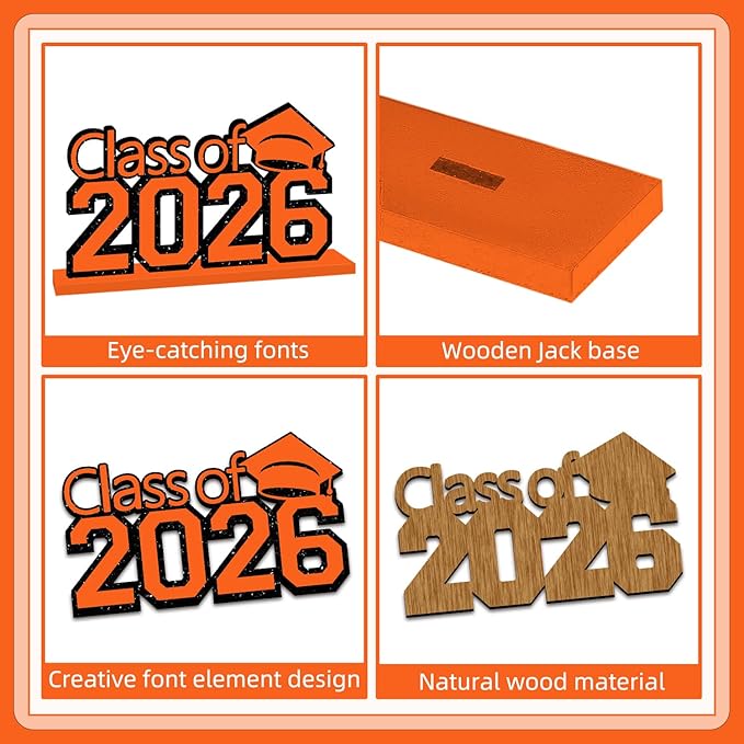 4Pcs Orange and Black Graduation Decorations Class of 2026 Congrats Grad Wooden Table Centerpieces Grad Table Decorations for Graduation Centerpieces