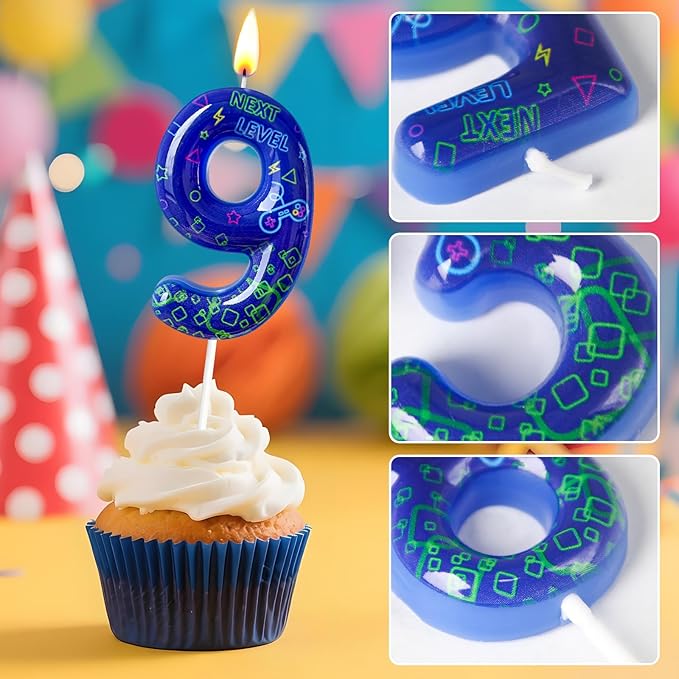 Number 9 Birthday Candle for Cake – Blue Gaming Theme Number Candle with “Next Level” Design, Video Game Style Cake Topper for Anniversary & Celebration