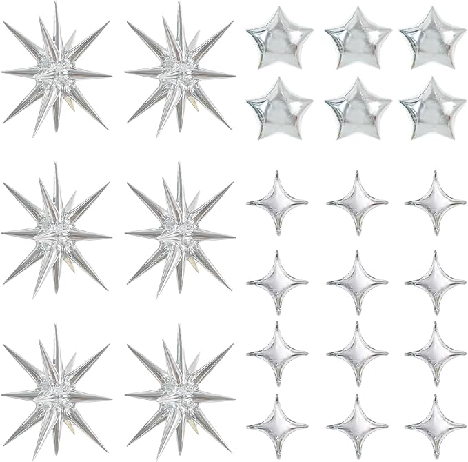 TONIFUL 30Pcs Silver Explosion Star Foil Balloons Set Four Pointed Star Shape Foil Balloons Star Mylar Foil Balloons for Birthday Wedding Baby Shower Anniversary Engagement Party Decorations Supplies