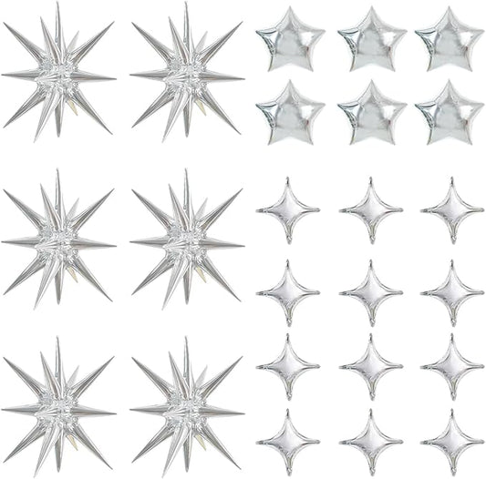 TONIFUL 30Pcs Silver Explosion Star Foil Balloons Set Four Pointed Star Shape Foil Balloons Star Mylar Foil Balloons for Birthday Wedding Baby Shower Anniversary Engagement Party Decorations Supplies