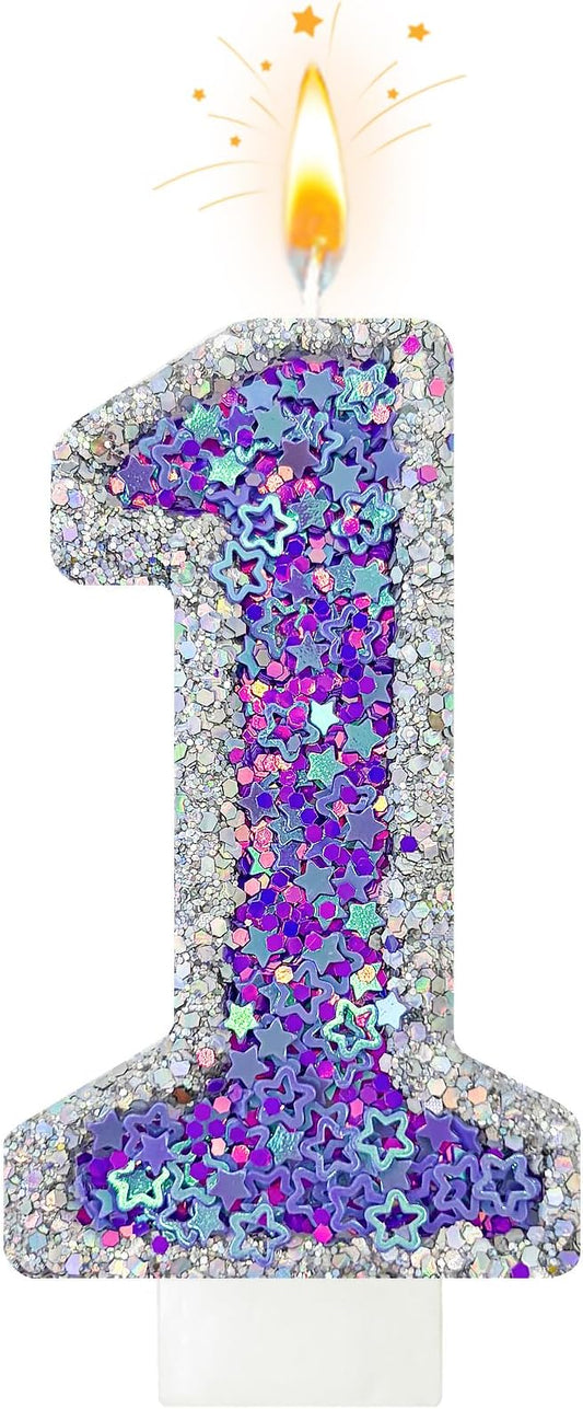 K-pop Number 1 Birthday Candle, Star Glitter Filled Number Candle, Purple Silver Fantasy Cake Topper for Birthday Party Decoration