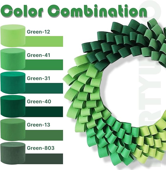 PartyWoo Green Crepe Paper Streamers 8 Rolls 656 ft Pack of Hunter Emerald Forest Green Crepe Paper for Graduation Christmas Jungle Birthday Party Decorations (1.8 Inch x 82 Ft/Roll), Green-40