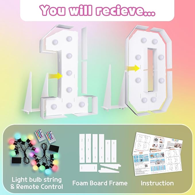 Marquee Numbers 10th Birthday Decoration: Colorful 3FT Large Light Up 10 Year Old Birthday Decorations Anniversary Backdrop Cardboard Sign 18 Colors Number 10 Mosaic Balloon Frame