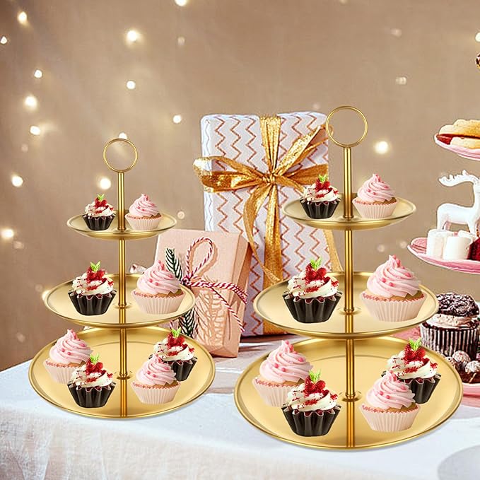 YOUNTHYE 2PCS Gold Cupcake Stand 3 Tiered Dessert Stand Stainless Steel Cupcake Display Stand Party Serving Trays Gold Cake Holder for Holiday Dessert Table Decorations Birthday Wedding