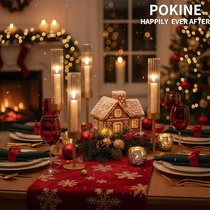 POKINE Tall Hurricane Candle Holders Set of 6, Gold Glass Taper Candlestick Holders for Wedding, Christmas, Dining Table, Party & Home Decor