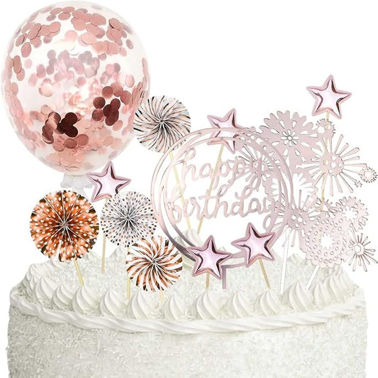 Cake Topper Decoration Set Acrylic Glitter Happy Birthday Cake Topper with Confetti Balloon Paper Fans Firework Cupcake Toppers for Rose Golden Theme Decor Women Birthday Party Supplies (Rose Gold)