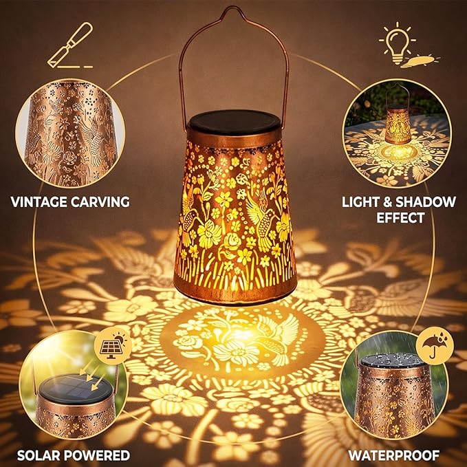 LeiDrail Hummingbird Solar Lanterns Outdoor 2 Pack, Hanging Waterproof Vintage Metal Lantern, Auto On/Off Garden Patio Yard Porch Pathway Decor, Warm White LED, Gifts for Women Mom Grandma
