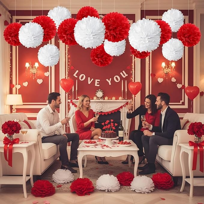 Red and White Paper Pom Poms (12 Pack) - Hanging Tissue Flowers for Baby Shower Wedding Valentine's Day Engagement Birthday Party Ceiling Decorations