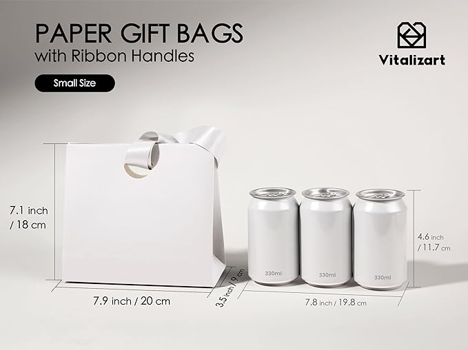 Vitalizart Paper Gift Bags With Ribbon Handles Set of 10 White Bulk Reusable For Gift Wrap Girls Kids Birthday Bridal Shower Party Favors Goodie Bags Candy Toys Christmas 7.87"x3.54"x7.09" Small Size
