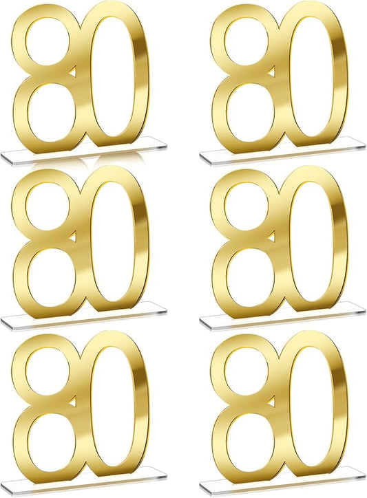 Threehoney 6 Pcs Mirror Gold 80th Birthday Decorations for Men and Women Acrylic Anniversary Decorations Table Numbers Centerpieces for Birthday Party