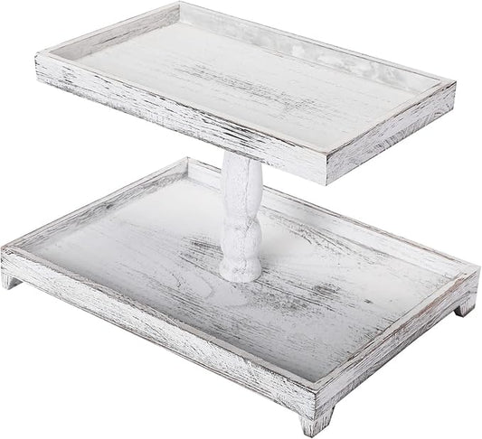 Yalikop Farmhouse Tiered Tray Stand - Wooden Rustic 2 Tier Rectangular Tray Serving Stand for House Kitchen Cake(White)