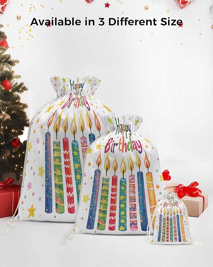 Victoroes Happy Birthday Drawstring Gift Bags 1 Piece, 27.5" x 31.5" Large Colorful Star Candles Gift Bag Reusable Fabric Wrap Bags for Wedding Party Birthday Christmas Seasonal Holiday