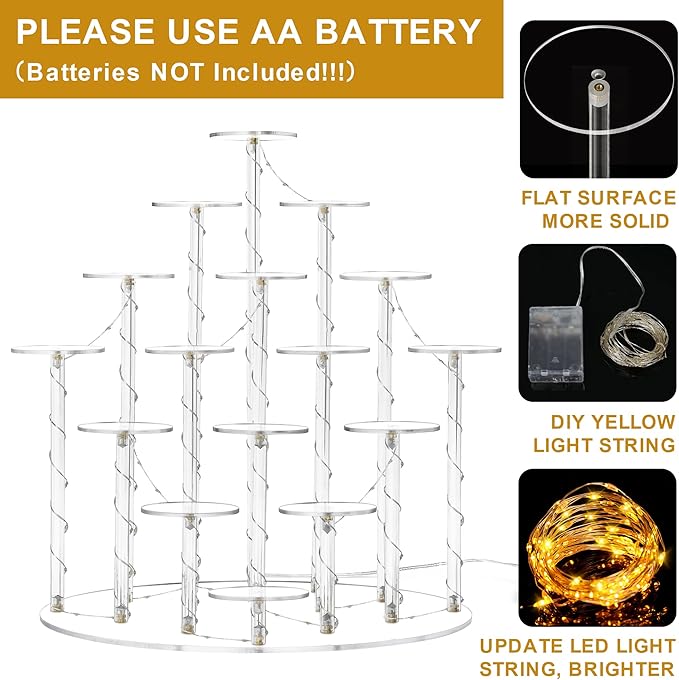 Cupcake Stand for 16 Cupcakes,Ideal Acrylic Cupcake Tower Stand with Yellow Lights,Cupcake Display Stands for Parties, Perfect Cupcake Holder for Dessert Tables.
