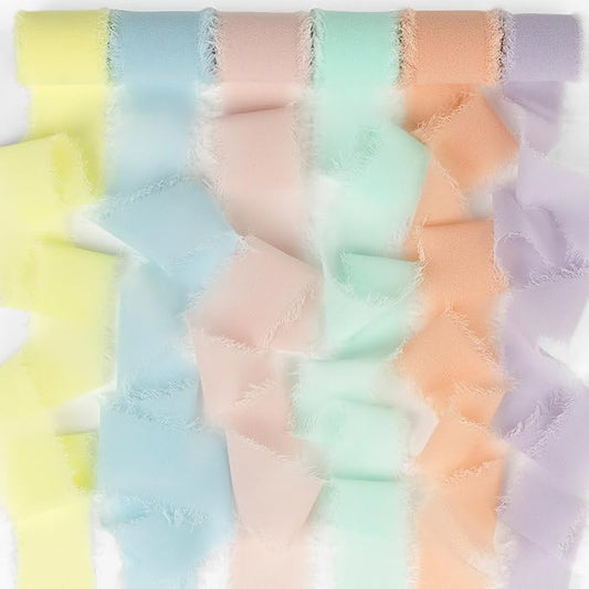 Pastel Macaron Chiffon Ribbon - 1 Inch x 3 Yds Colorful Frayed Chiffon Silk Ribbon for Wedding Invitation, Flower Bouquets, Gift Wrapping, Bridal Shower, Baby Shower
