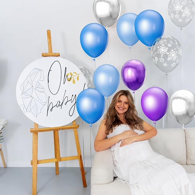68Pcs Purple and Blue Party Balloons Kit 12 Inch Pearl Light Blue Metallic Purple Silver Snowflake Balloons with Ribbons for Winter Theme Birthday Wedding Girls Party Decorations.